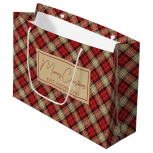Grand Sac Cadeau Brûlé rouge beige rustique écossais Tartan Noël