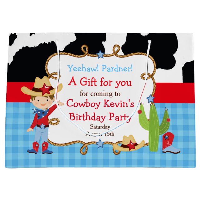 Grand Sac Cadeau Brunette Boy Cowboy Western Anniversaire Merci (Devant)