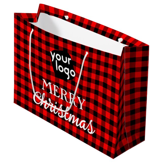 Grand Sac Cadeau Buffalo Plaid Red Merry Christmas Ajouter votre lo (Devant Angle)