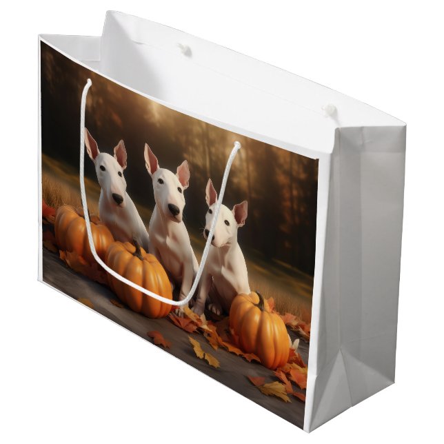 Grand Sac Cadeau Bull Terrier Chiot Automne Citrouille de plaisir (Devant Angle)