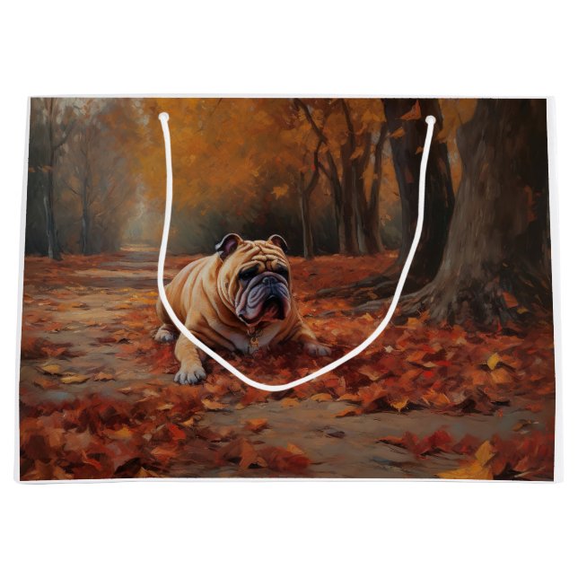 Grand Sac Cadeau Bulldog en automne Feuilles automne Inspire (Devant)
