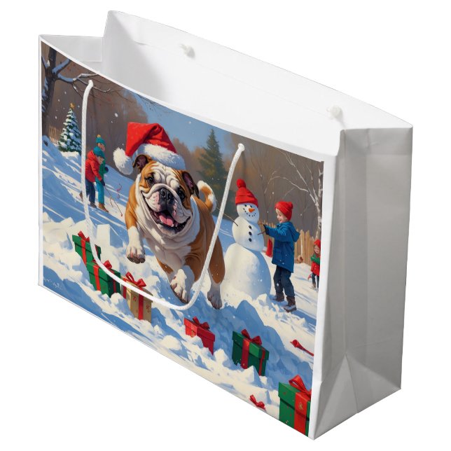 Grand Sac Cadeau Bulldog Noël Festival scène de neige (Devant Angle)