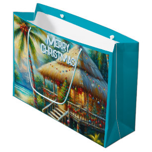 Grand Sac Cadeau Cabane Tropicale Noël Palm Tree Beach Lumières