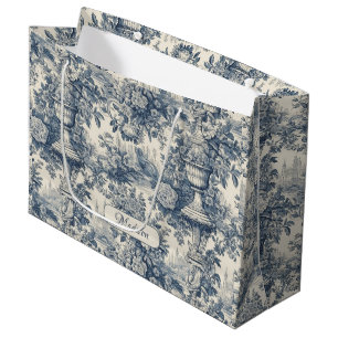 Grand Sac Cadeau Cadeau de monogramme de toile florale bleue vintag