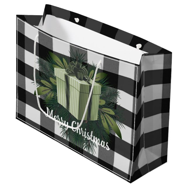 Grand Sac Cadeau Cadeau de Noël Plaid Buffalo | Vert (Devant Angle)
