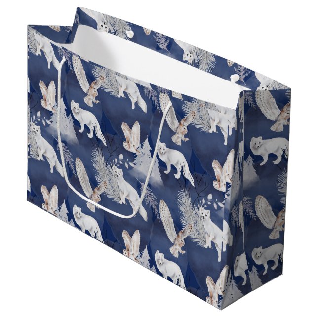 Grand Sac Cadeau Cadeau de Noël rustique renard et hibou d'hiver (Devant Angle)