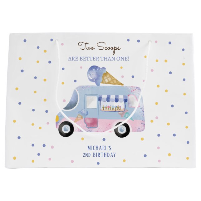 Grand Sac Cadeau Camion crème glacée 2 scoops deuxième anniversaire (Devant)