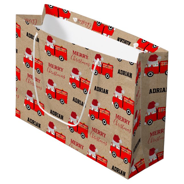 Grand Sac Cadeau Camion de feu rouge de Noël Nom personnalisé Kraft (Devant Angle)