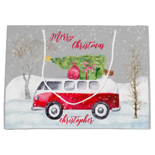 Grand Sac Cadeau Camion rouge Joyeux Noël gris