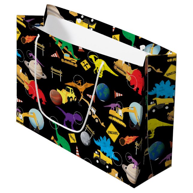 Grand Sac Cadeau Camions de construction Astronaut Dinosaures dans  (Devant Angle)