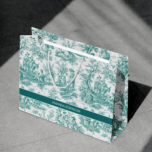 Grand Sac Cadeau Campagne Toile de Jouy sarcelle vintage