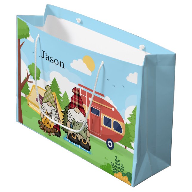 Grand Sac Cadeau camping mignon gnomes ajouter nom (Devant Angle)