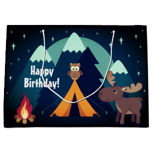 Grand Sac Cadeau Camping, Tente, Animaux de la forêt Montagne Anniv