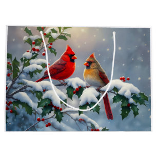 Grand Sac Cadeau Cardinaux rouges et Holly en neige