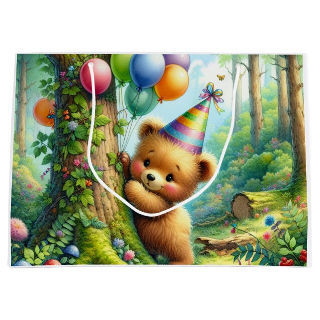 Grand Sac Cadeau Caricature mignonne Bear Cub Anniversaire (Devant)