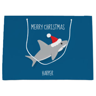 Grand Sac Cadeau Caricature souriante requin Père Noël animal