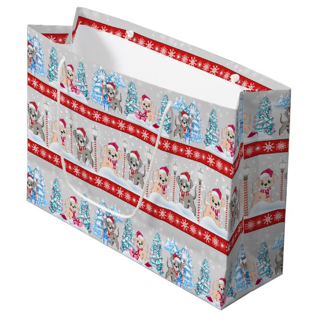 Grand Sac Cadeau Caricatures de marionnettes moelleuses Noël neige (Devant Angle)