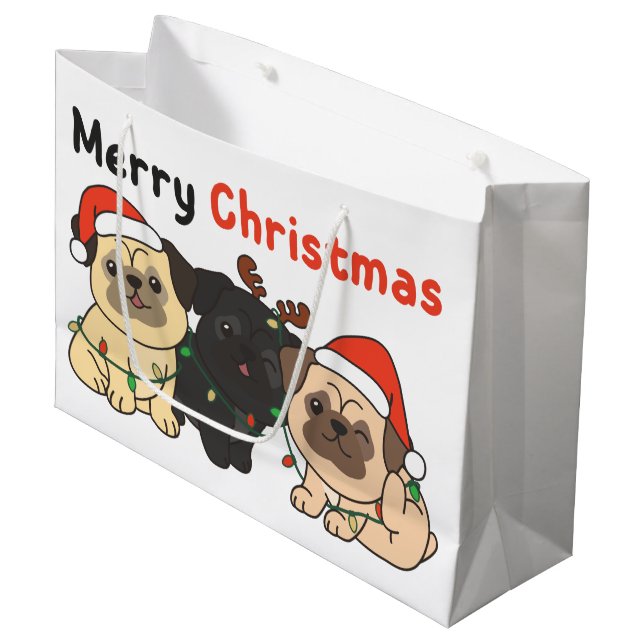Grand Sac Cadeau Carlin Noël Animaux Chiens mignons Joyeux Noël La (Devant Angle)