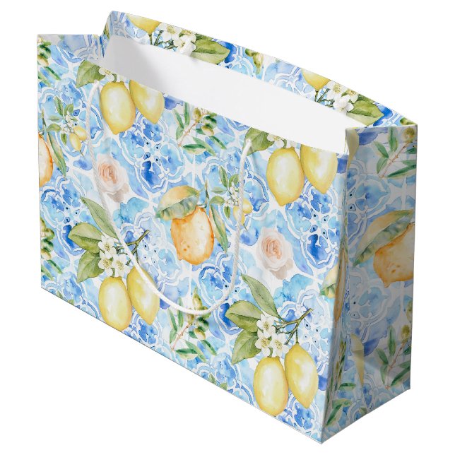 Grand Sac Cadeau Carreau bleu méditerranéen citron jaune aquarelle (Dos Angle)