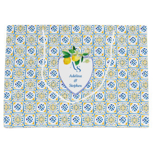 Grand Sac Cadeau Carrelage bleu méditerranéen Italie Crest Citron M