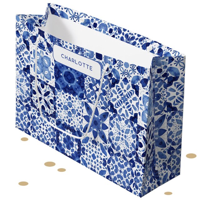 Grand Sac Cadeau Carrelage méditerranéen bleu et blanc Personnalisé (Mediterranean blue and white tile pattern personalized name gift bag)