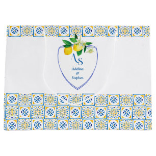 Grand Sac Cadeau Carrelage méditerranéen Italie Crest Bleu Citron M