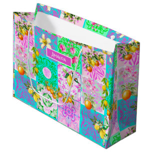 Grand Sac Cadeau Carrelages floraux de collage d'agrumes rose chic