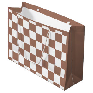 Grand Sac Cadeau Carrés à damier marron moka blanc géométrique rétr