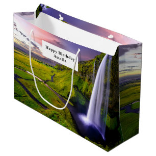 Grand Sac Cadeau Cascade Islandaise Photo de Naissance Verte de la