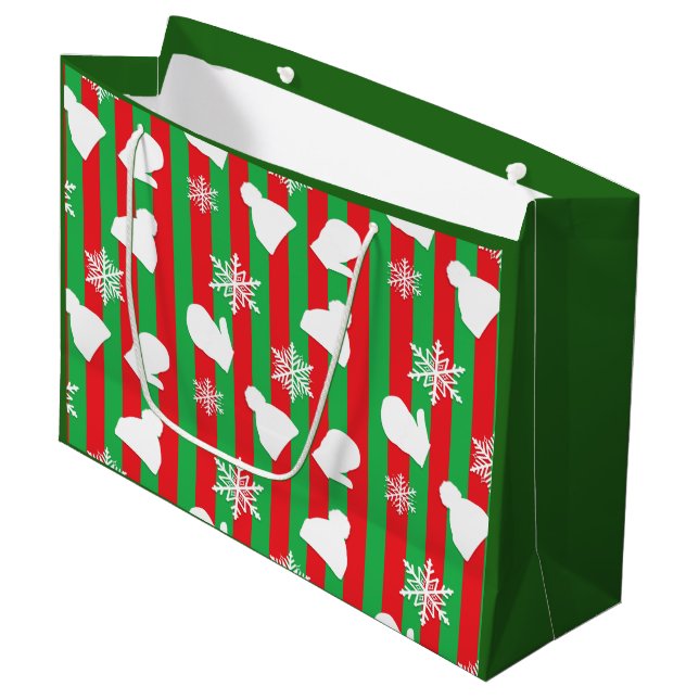 Grand Sac Cadeau Casquettes d'hiver, Mittens de Noël, Snowflakes bl (Devant Angle)