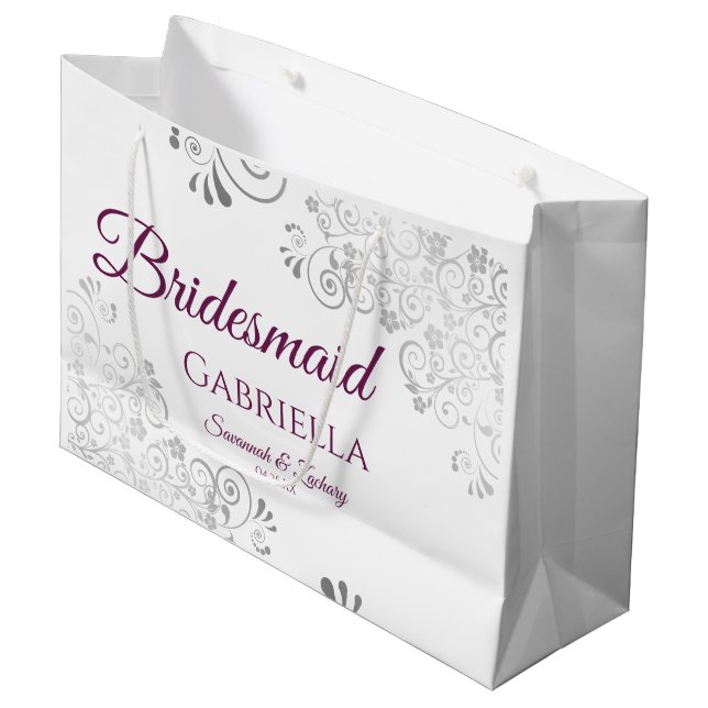 Grand Sac Cadeau Cassis en dentelle d'argent violet blanc Mariage d (Devant Angle)