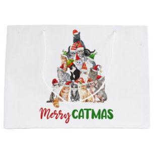 Grand Sac Cadeau Cat Christmas Tree Amoureux des chats Noël Fêtes d