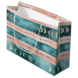 Grand Sac Cadeau Céleste Rustique à Rayures Lune Soleil Terreux
