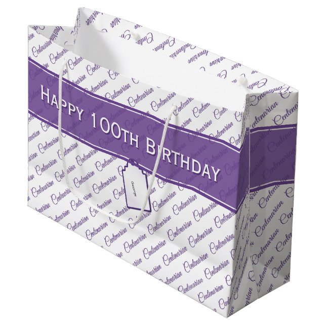 Grand Sac Cadeau Centenaire Violet/Blanc Typographie Motif 100e (Devant Angle)