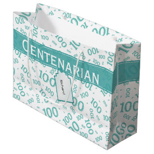 Grand Sac Cadeau Centenarian 100e Turquoise Motif de nombre aléatoi