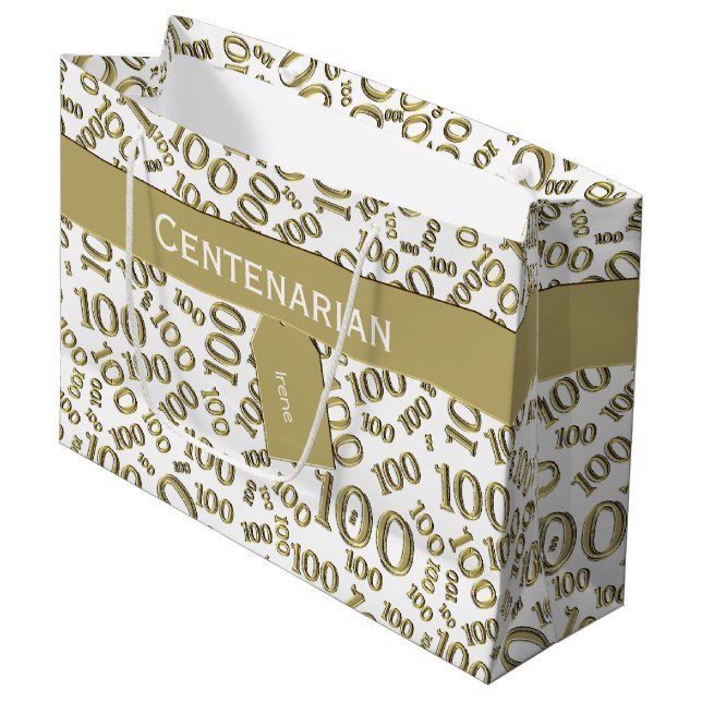 Grand Sac Cadeau Centenarian 100th Gold Random Number Motif (Devant Angle)