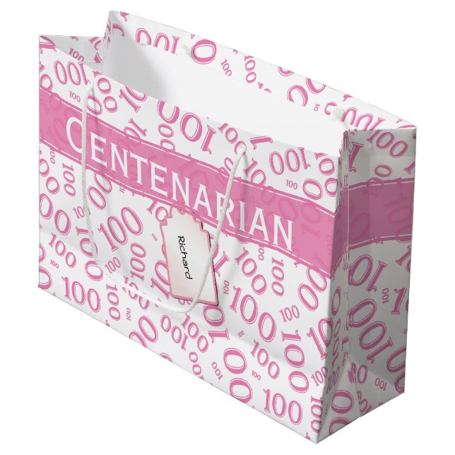 Grand Sac Cadeau Centenarian 100th Pink Random Number Motif (Devant Angle)