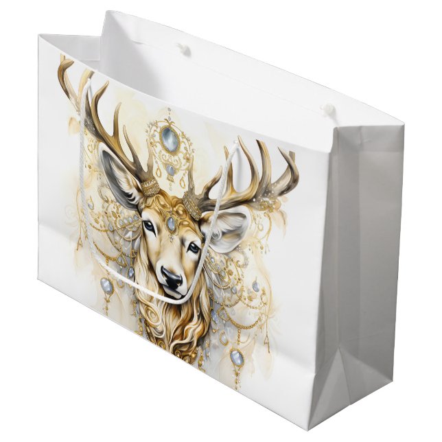 Grand Sac Cadeau Cerf de glitterie or et diamant (Devant Angle)