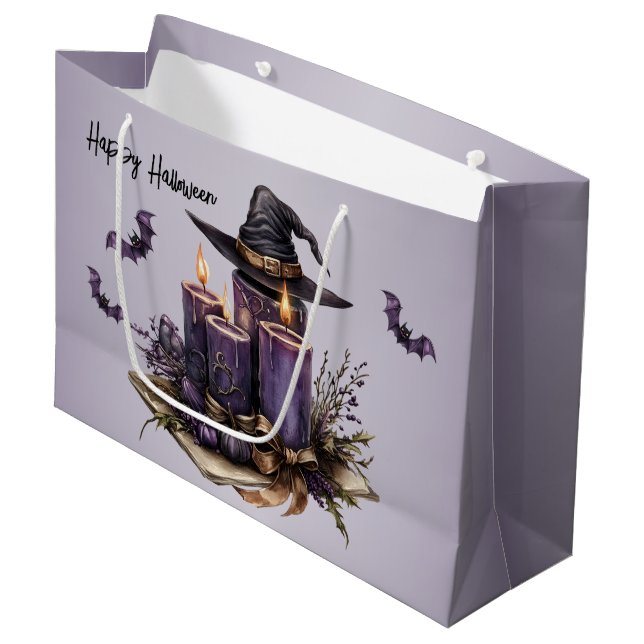 Grand Sac Cadeau Chandelles violettes d'Halloween chauves-souris Éf (Devant Angle)