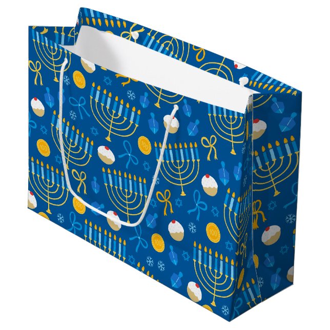 Grand Sac Cadeau Chanukah Menorah Gelt Dreidel Bleu (Devant Angle)