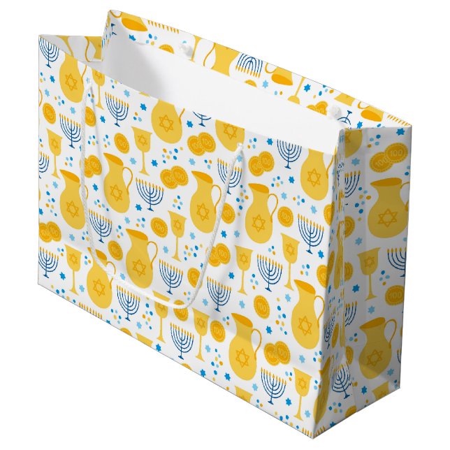 Grand Sac Cadeau Chanukah Menorahs Gelt White (Devant Angle)