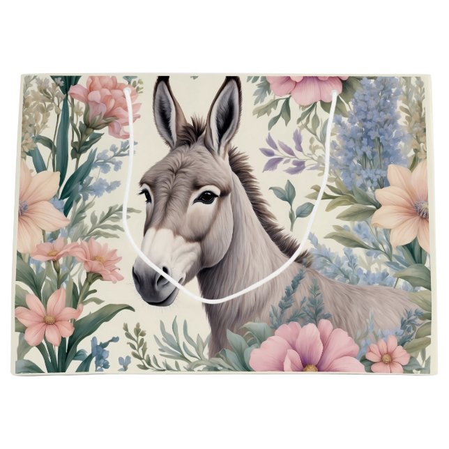 Grand Sac Cadeau Charmante Donkey Pastel Fleurs Ferme Animal (Devant)