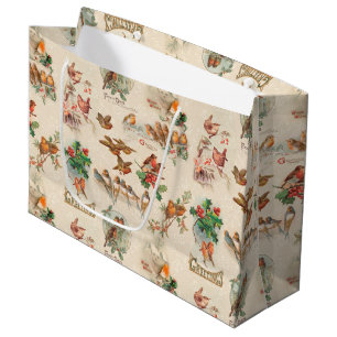 Grand Sac Cadeau Charming Vintage Christmas Birds and Holly