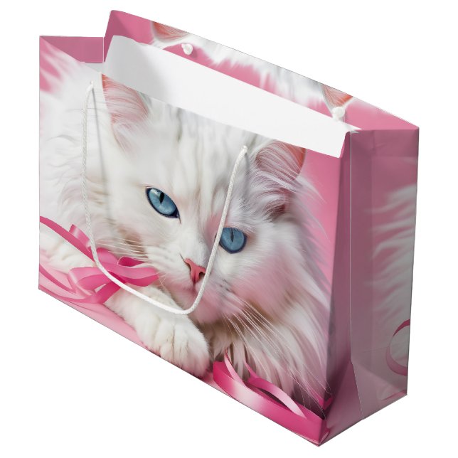 Grand Sac Cadeau Chat Blanc Avec Rubans Roses (Devant Angle)
