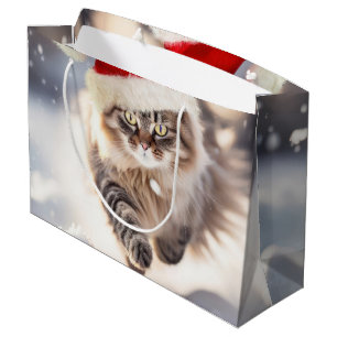 Grand Sac Cadeau Chat de Noël Maine Coon dans la neige