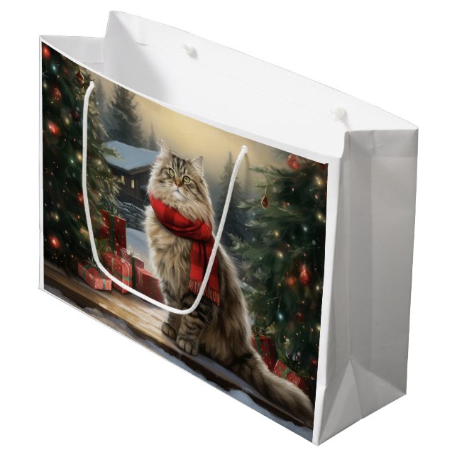 Grand Sac Cadeau Chat de Sibérie en Noël de Neige (Devant Angle)