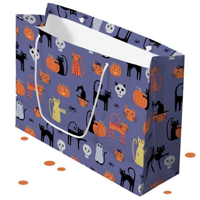 Grand Sac Cadeau Chat d'Halloween Éffrayant pourpre (Halloween Cat fun large gift bag)