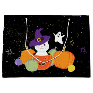 Grand Sac Cadeau Chat mignon d'Halloween en Casquette sorcier