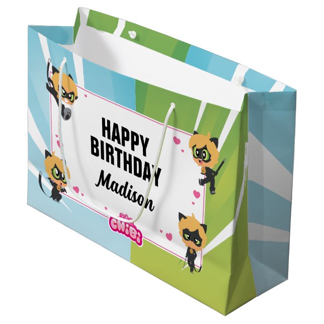 Grand Sac Cadeau Chat Miraculeux Noir Chibi Anniversaire (Devant Angle)