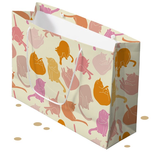 Grand Sac Cadeau Chat moderne Motif rose orange Pêche (Fun kitty cat pattern in pink, peach and orange on a cream background)
